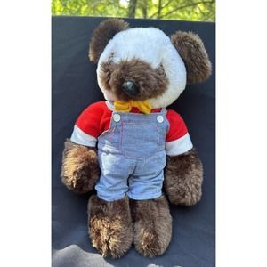 13” Vintage 1980’s LIDO Brown Teddy Bear In Denim Overalls Stuffed Animal -S16